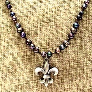 Black Freshwater Pearl Necklace with Silver Fleur de Lis Pendant
